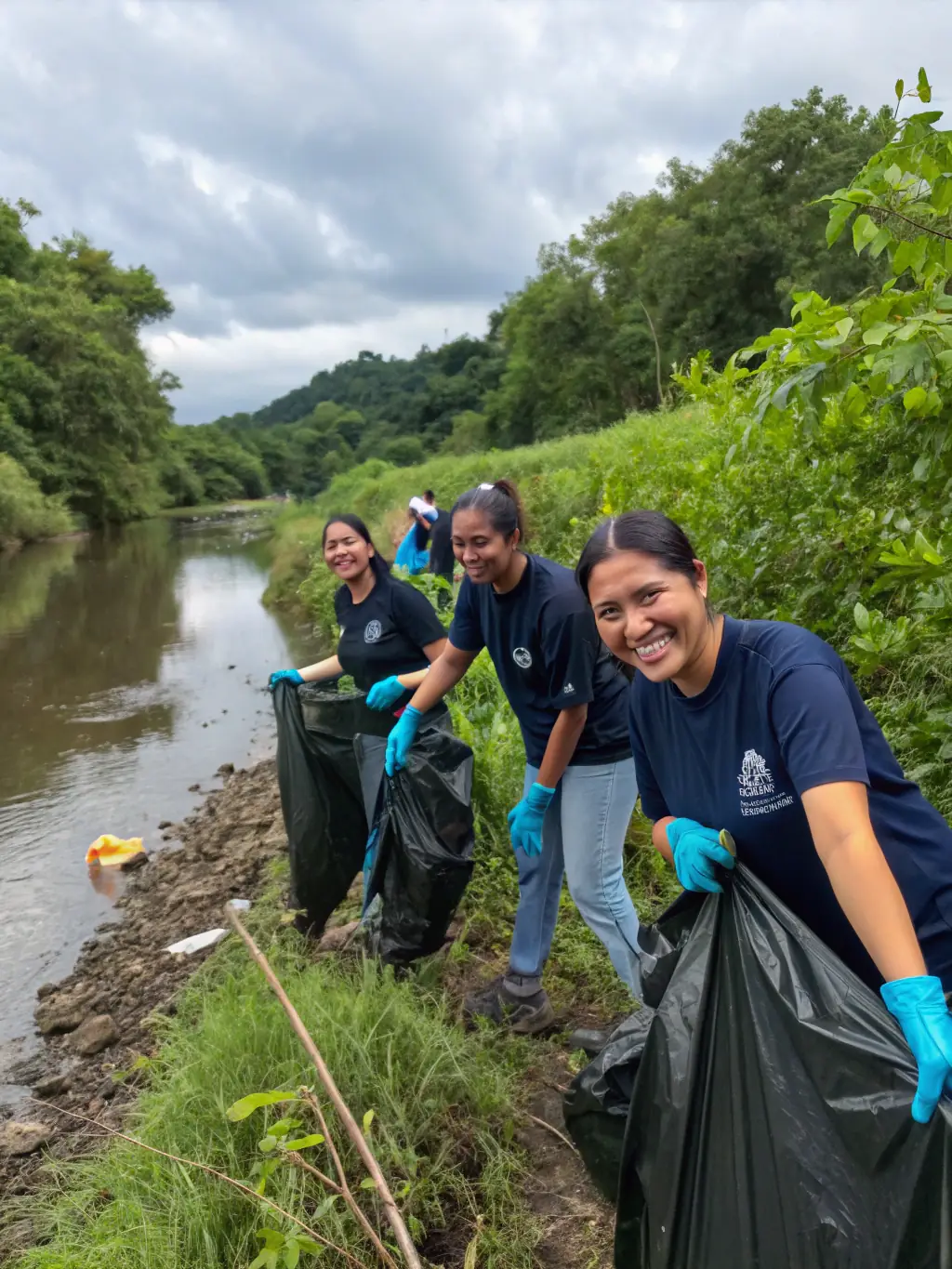 A scenic view of a clean-up drive along the riverbank, with volunteers collecting litter and improving the natural environment.