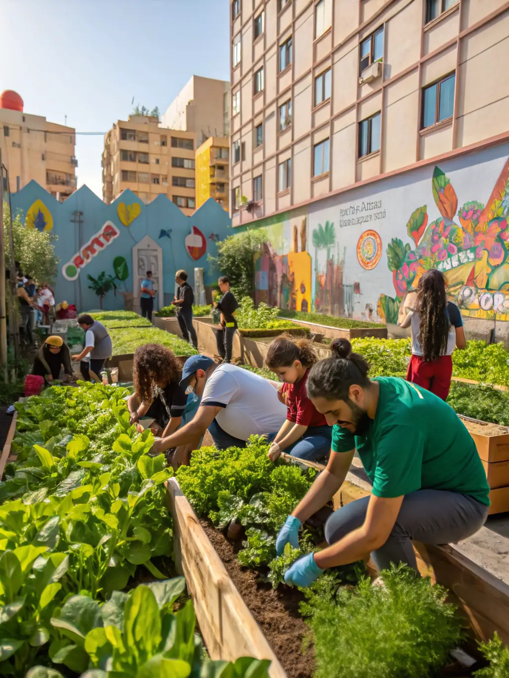A vibrant image of residents participating in a community garden project, planting vegetables and flowers together in a sunny village setting.