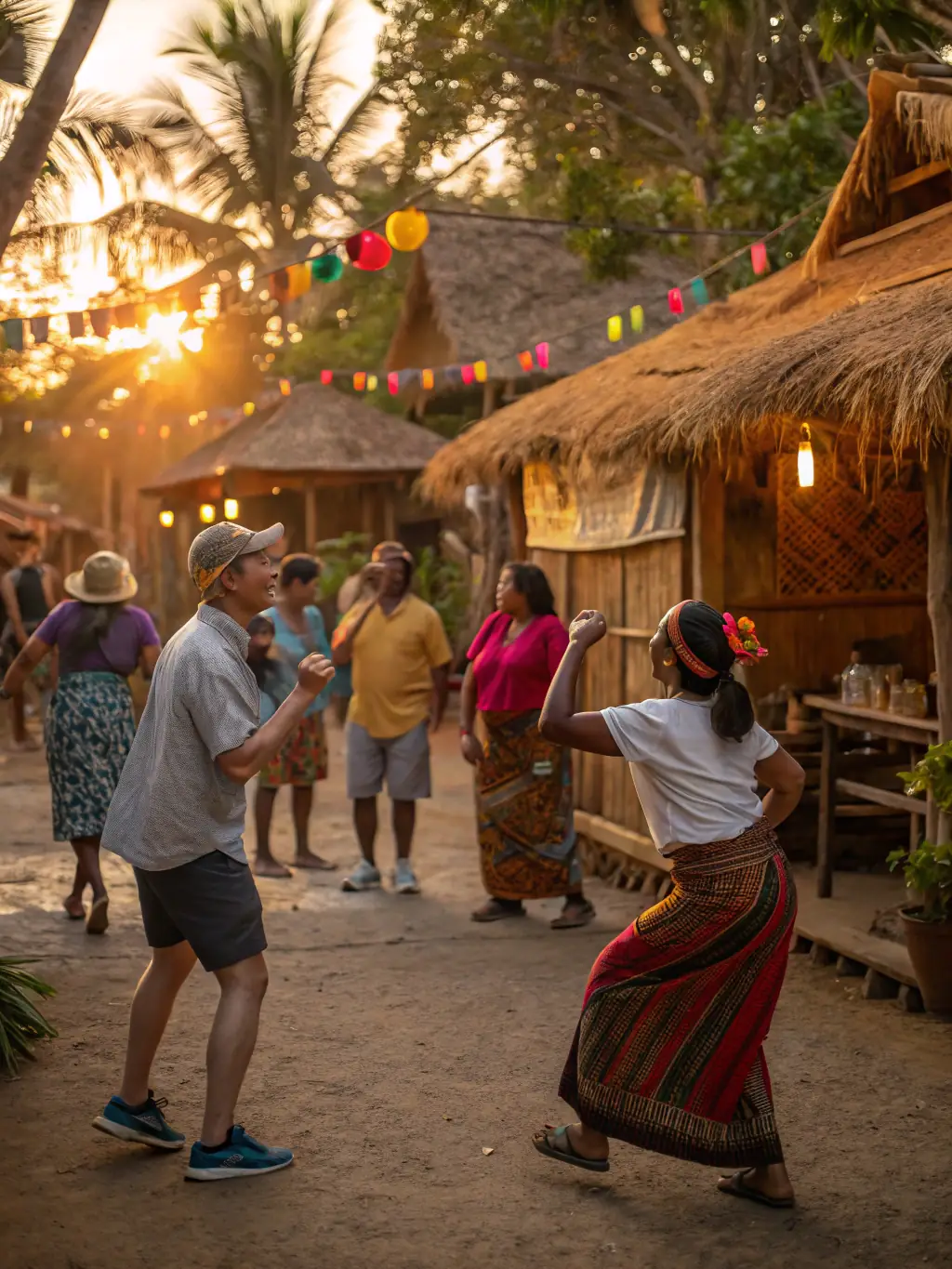 A lively image of a cultural festival in l'Houmée, featuring traditional music, dance, and local crafts.