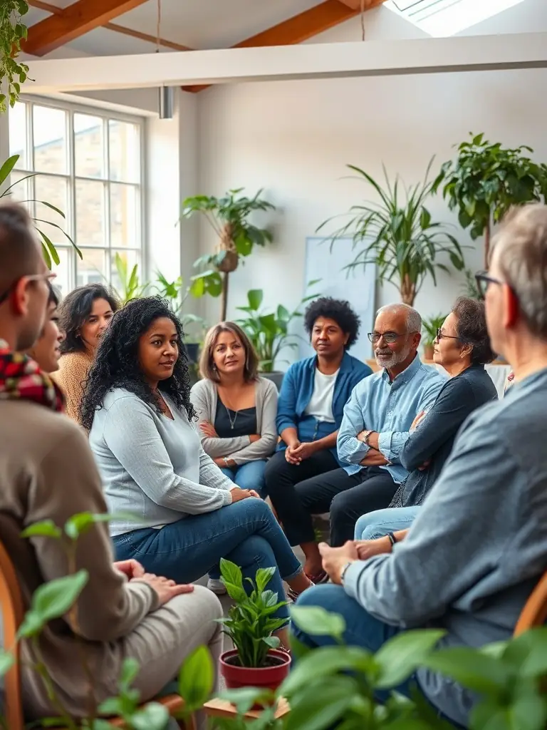 A workshop where residents are learning new skills, such as crafting or sustainable building techniques, promoting economic initiatives.