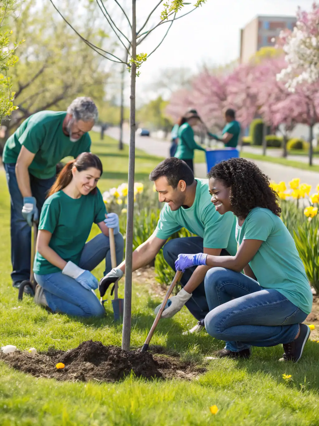 A vibrant photo of volunteers planting trees in a community garden in l'Houmée, showcasing the environmental initiative.