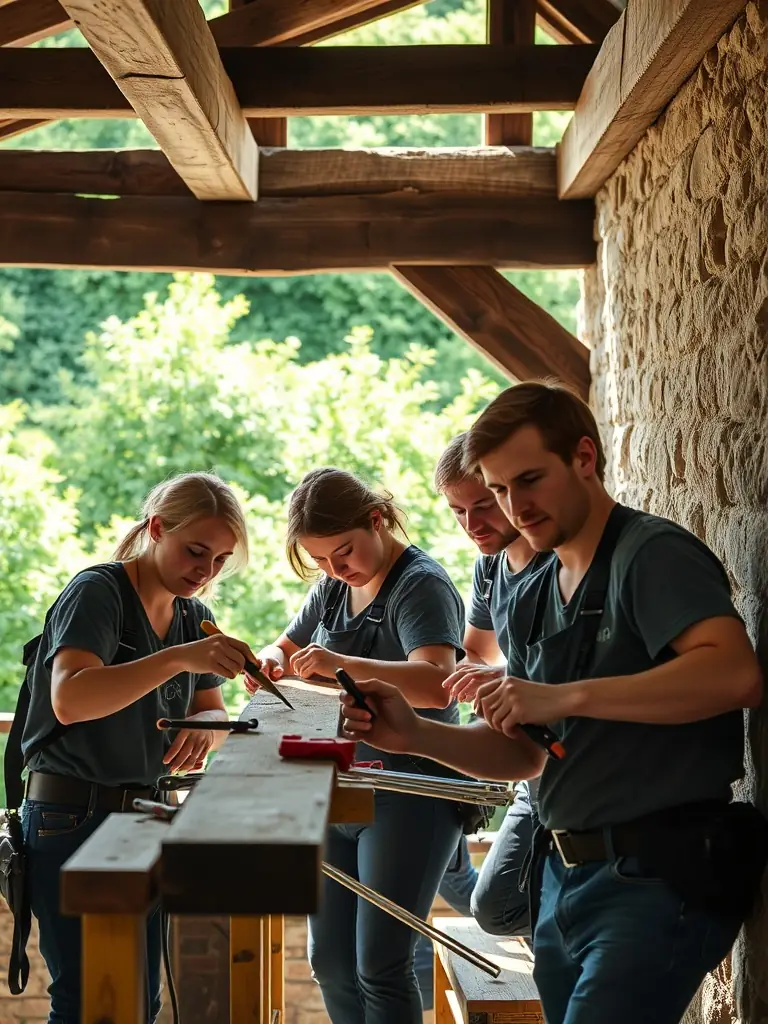 A photograph of a group of volunteers restoring a historic building in l’Houmée, showcasing traditional architectural details.