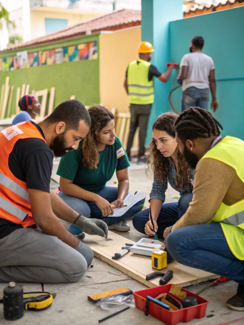 A photograph of community members collaborating on a local development project, such as renovating a historic building or creating a public park.