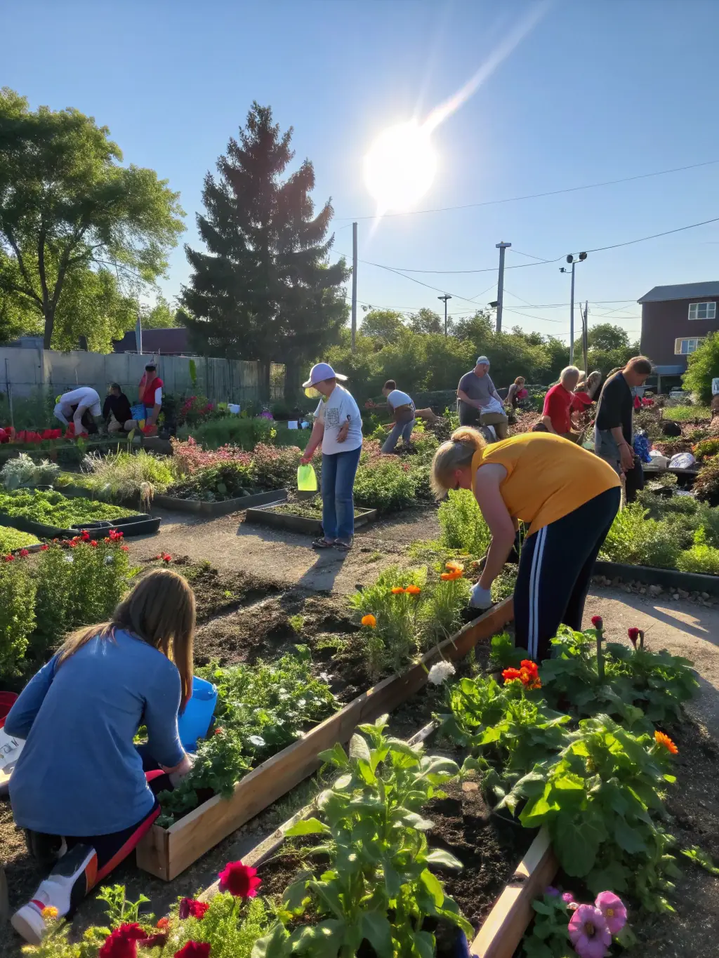 A group of villagers participating in a community garden project, planting vegetables and flowers, showcasing the community development program.