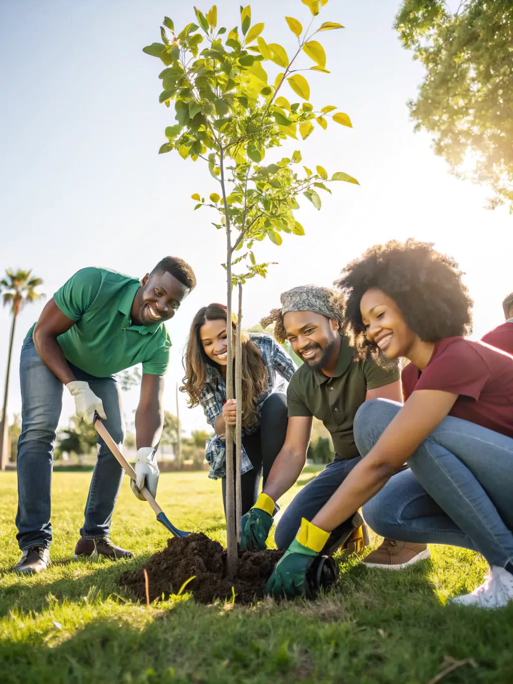 A photograph capturing a group of diverse residents planting trees in a community garden, symbolizing environmental stewardship and collective effort.