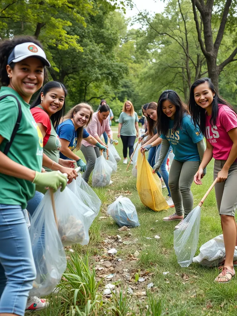Volunteers cleaning up a local park, collecting litter and planting trees, demonstrating the environmental initiatives.